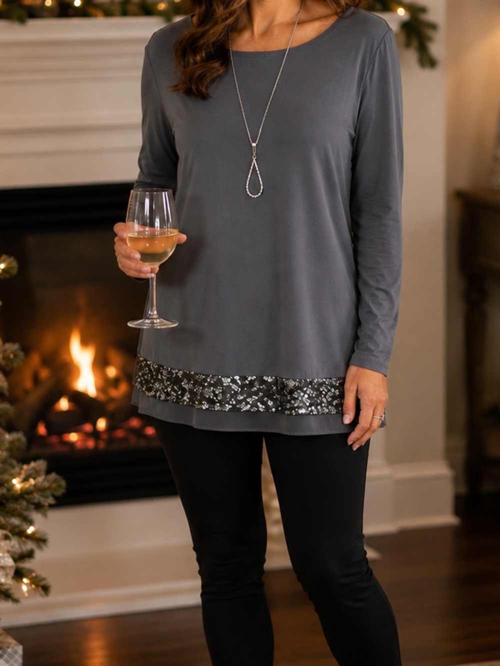 Cato Gray Sequin Hem Tunic Top Medium ✨ Holiday Glam